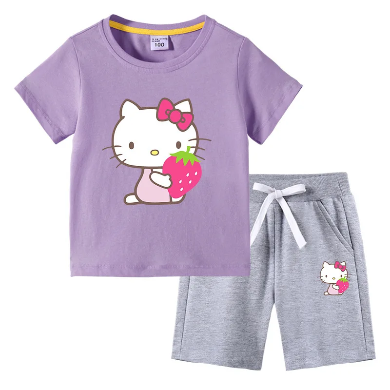 thumbnail image 1 of Camiseta con estampado de dibujos animados de verano de Hello Kitty + Pantalones casuales traje de dos piezas de manga corta de algodón para niños y niñas pueden usar, 1 of 5