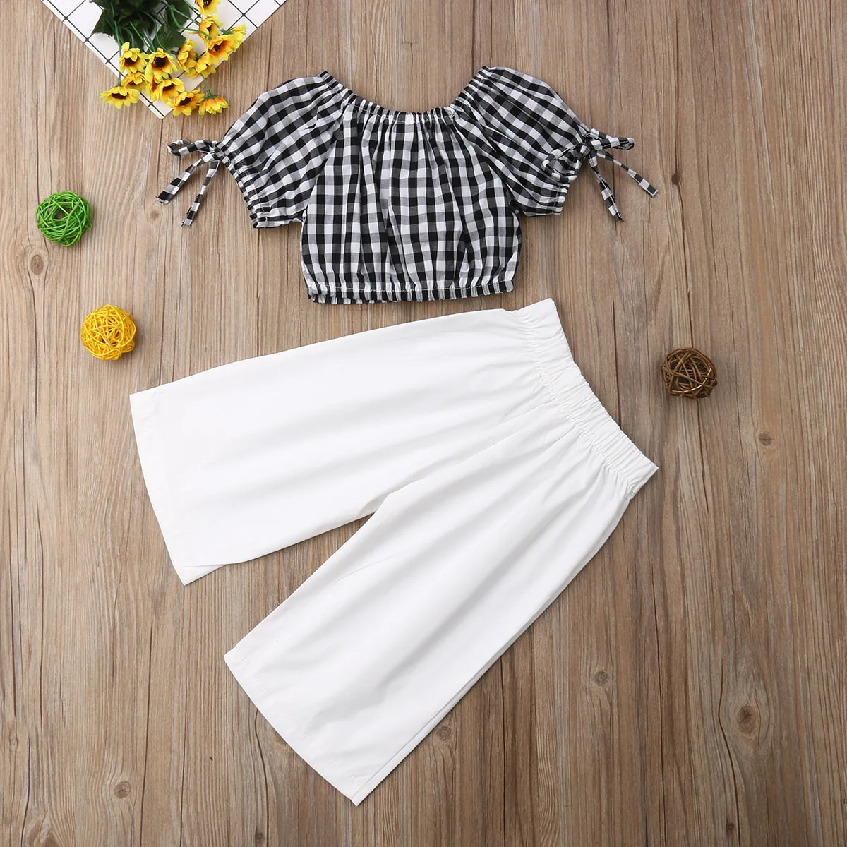 Off Shoulder Checks Blouse Crop Tops Shirt + Wide Legs Pants Outfit ...