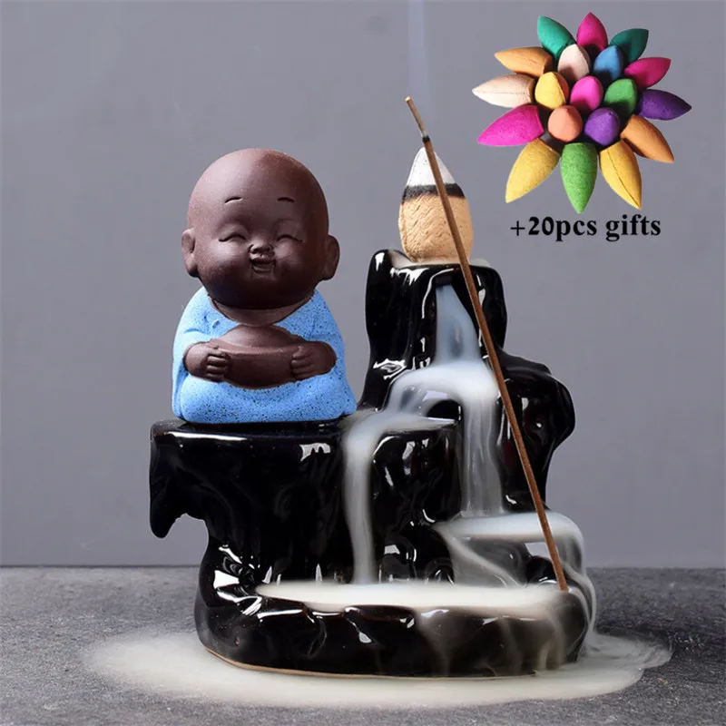 

Handmade Creative Zen Little Monk Yoga Backflow Incense Burner Smoke Waterfall Censer Home Decoration with 20Pcs Incense Cones