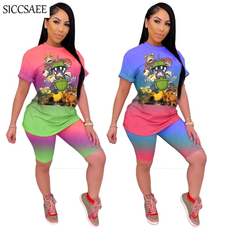 

2020 Summer Style Cartoon Printed Two Piece Set Gradient Color Activewear Casual Sweat Suit Loose Ensemble Femme Clothing Korean