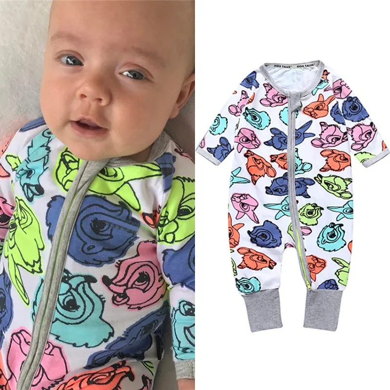 New Cartoon Print Baby Boys Girls Bodysuit Newborn Infant Toddler Jumper Sleepsuit Pajama Cotton Zips Jumpsuit Long Sleeve 0-24M Cute Infant Baby Girls Romper