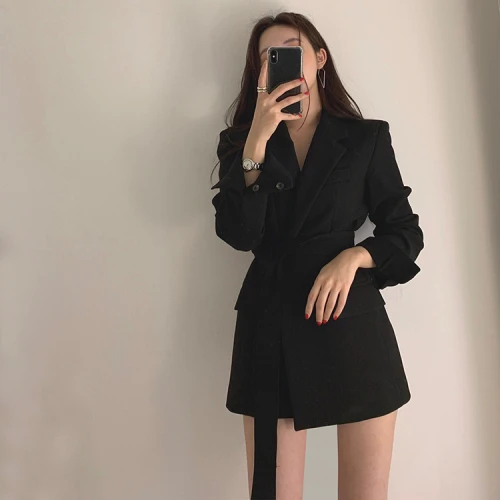 picture color Модный черный длинный женский костюм, куртка с поясом, корейский стиль, высокое качество,, осенне-зимняя куртка, пальто - Цвет: picture color