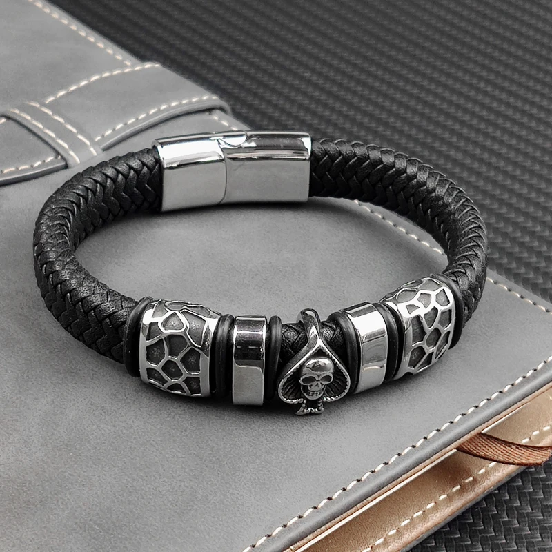 MingAo 12*6mm Braided Leather 316l Stainless Steel Charm Male Bracelets Spades Skull Head Bangle Punk Wristband Men’s Jewelry