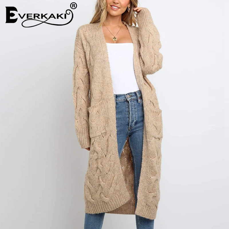 Everkaki Boho трикотажные длинные кардиганы женский свитер Карманы однотонные теплые