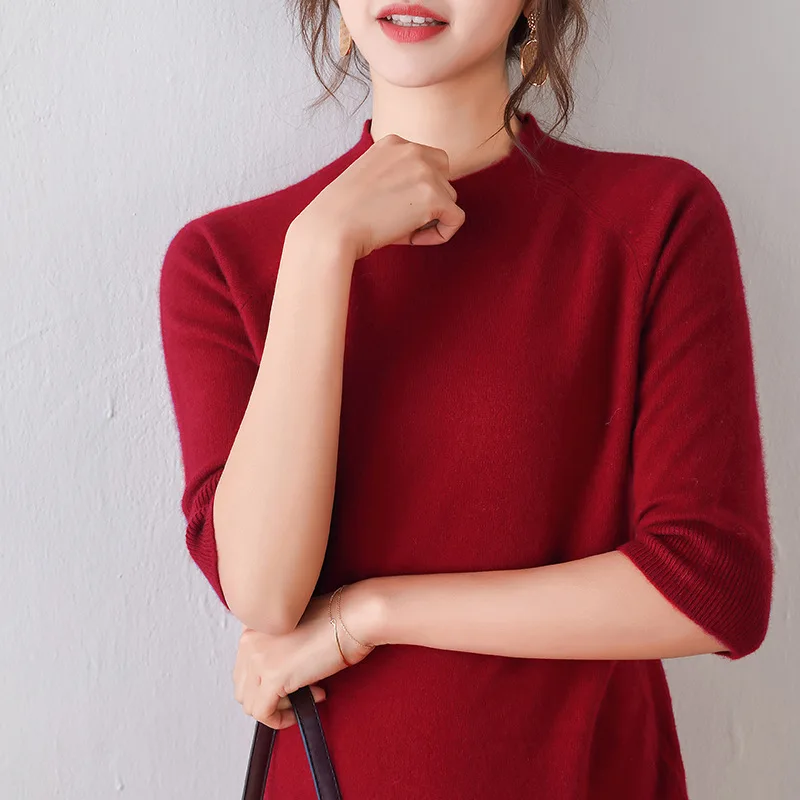 

Spring And Autumn New Style Half-sleeve Shirt 100 Pure Wool Half-Turtle-Neck Short Sleeve Base Sweater Solid Color Half-sleeve S