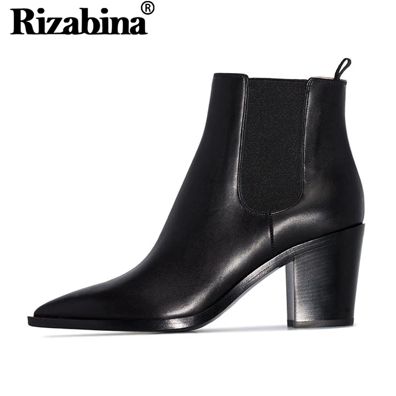 

RIZABINA Sexy Lady Genuine Leather Ankle Boots Pointed Toe High Heels Office Shoes Woman Winter Warm Fur Boots Size 32-43
