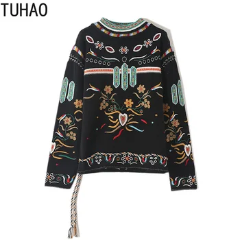 

Fall Winter Geometric Floral Embroidery Sweater Female Retro Jacquard Loose Turtleneck Drawstring Pullovers Tops T1092