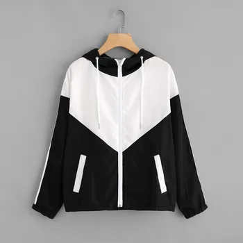 

JAYCOSIN Women's Basic Jackets Female Zipper Pockets Casual Long Sleeves Coats Autumn Hooded Jacket Two Tone Windbreaker Jacket