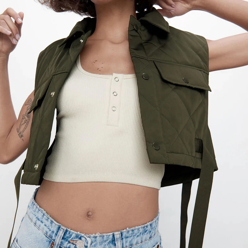 Womens Gilet Chic Green Pocekts Quilting Cropped Vests Women 2021