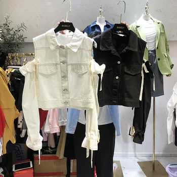 

Women Short Jacket Spring Fall New Turn-down Collar Off-Shoulder Lace-up Long Sleeve Short Jeans Coat Loose Denim Jacket Femme