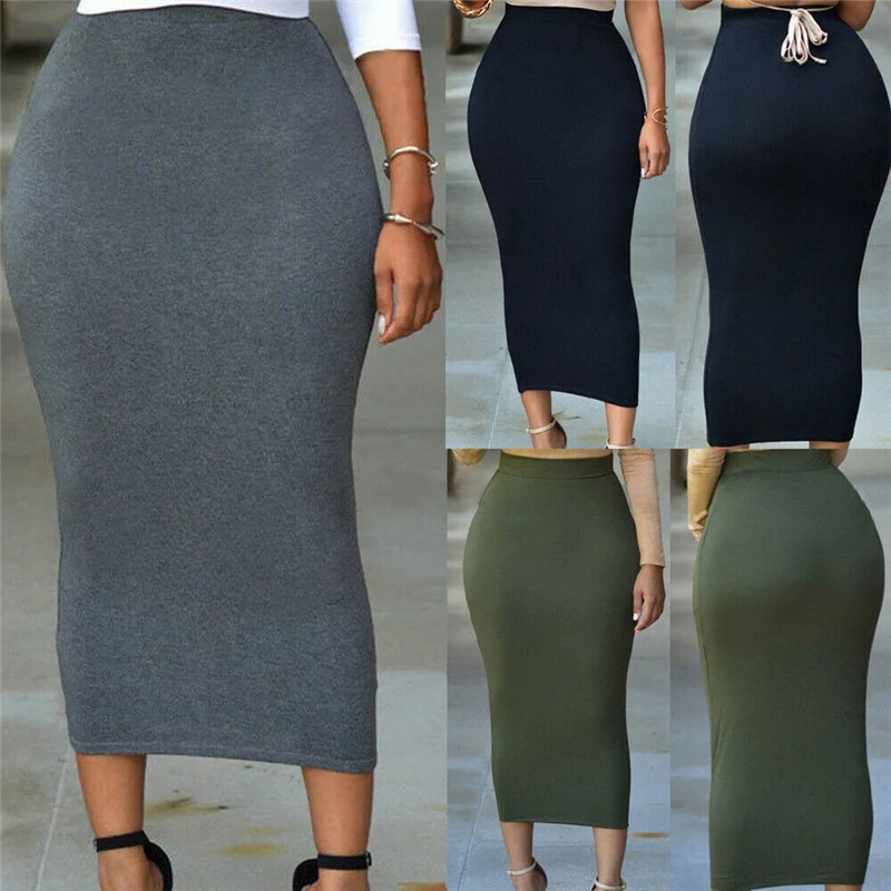 

Fashion Women High Waist Green/Gray/Blue Pencil Wrap Skirt Solid Slim Stretch Skirts Ankle-Length OL Work Wear Plus Size