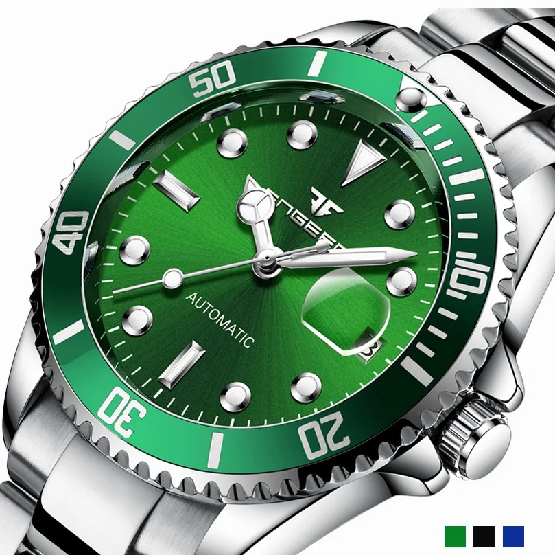 

Men's Automatic Mechanical Watches Green Stainless Steel Band Calenda Watch Waterproof Blue Luminous Mens Wristwatch For Man Boy
