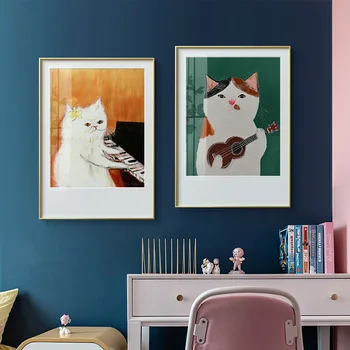 

Cartoon Cat Painting Wall Art Piano Girls Canvas Posters and Prints Figure Creative Wall Pictures for Living Room Decoration