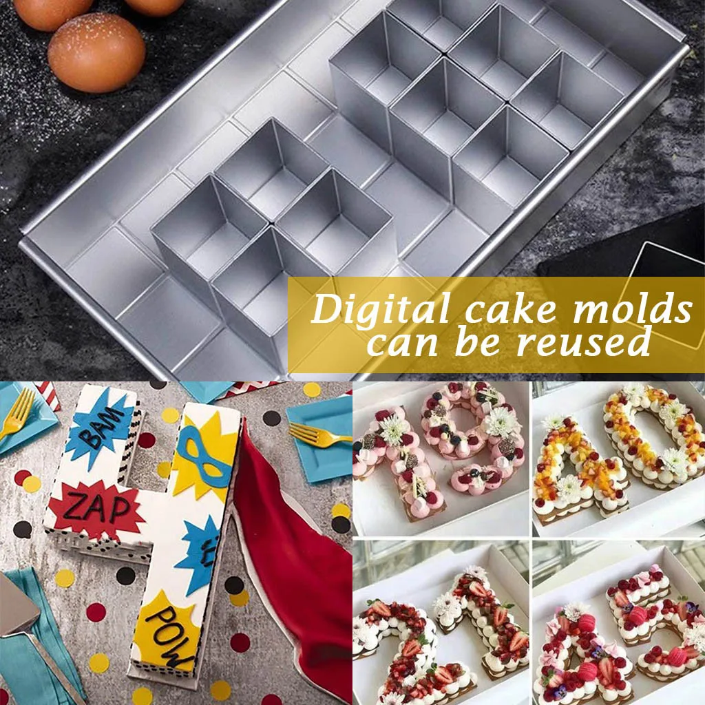 

Happy Birthday Number Letter Cake Shape mold Diy Movable Aluminum Alloy box Digital pattern Baking Mold +12PC small lattice F1