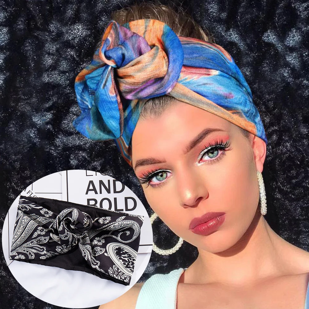 Vintage Flower Printing Bandana Wire Headband Knotted Bandana Fashion Scarf Hairbands Hair Accessories for Women New Headwear