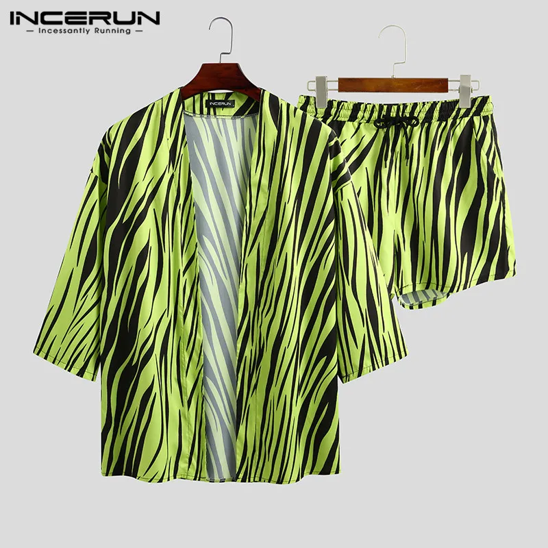 Fashion Men Shorts Hawaiian-Sets Streetwear INCERUN Beach-Print Summer Cardigan Casual