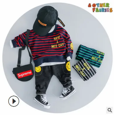 Осенний комплект спортивной одежды для мальчиков; - Цвет: Striped red