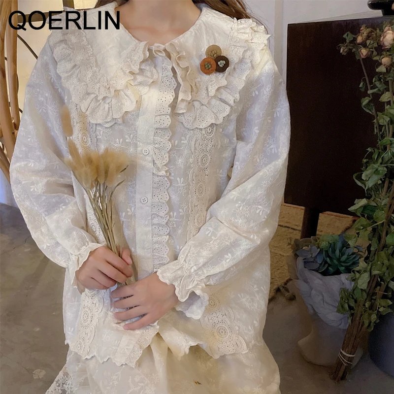 QOERLIN Retro Double Lace Shirts Female Korean Fashion Doll Collar Shirt Heavy Embroidery White Shirt Loose Casual Button Blouse