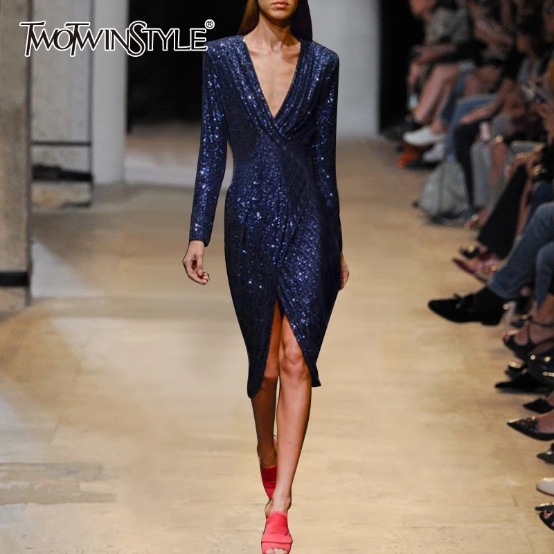 

TWOTWINSTYLE Patchwork Sequined Dresses For Female V Neck Long Sleeve High Waist With Sashes Bow Spilt Dress Women Fashion Tide