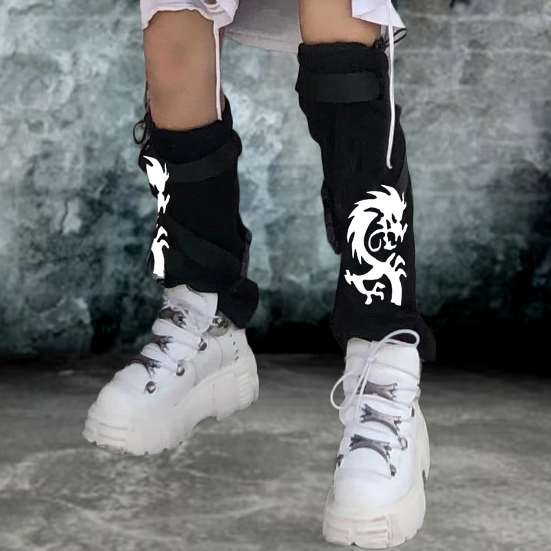Cargo Socks Adjustable Buckle Knee Leg Warmer Punk Stretch Rock Sock Print Goth Ribbon Plastic Cool Woman 2020 Lady Black Dragon