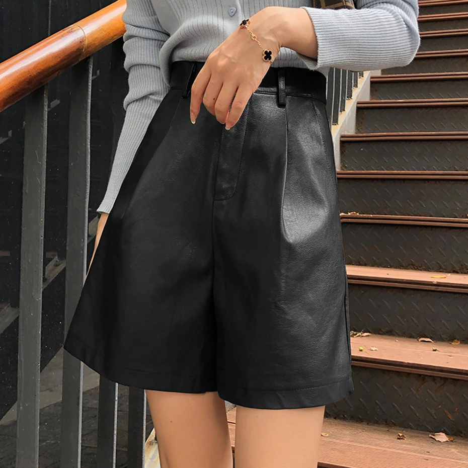 QOERLIN Faux Leather Bermuda Shorts Vintage Chic Imitation PU Shorts Women Fall Winter Wide Leg Loose Casual Shorts Black S-2XL