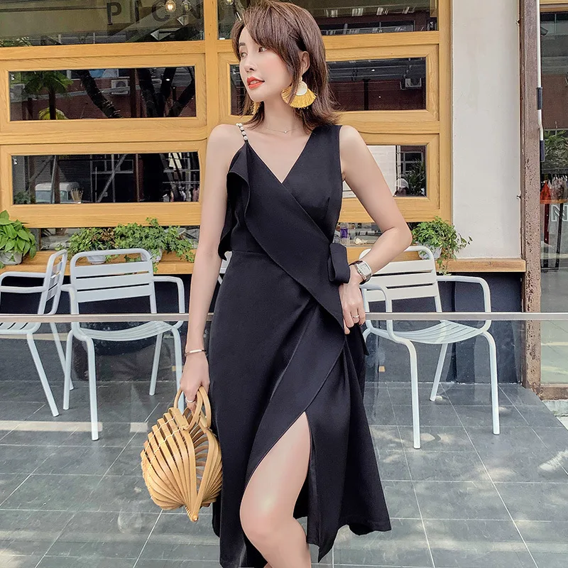 

Elegant Goddess-Style Clothes Women's 2019 New Style Graceful Sexy off-Shoulder Camisole Slim Fit V-neck Formal One-piece Dress