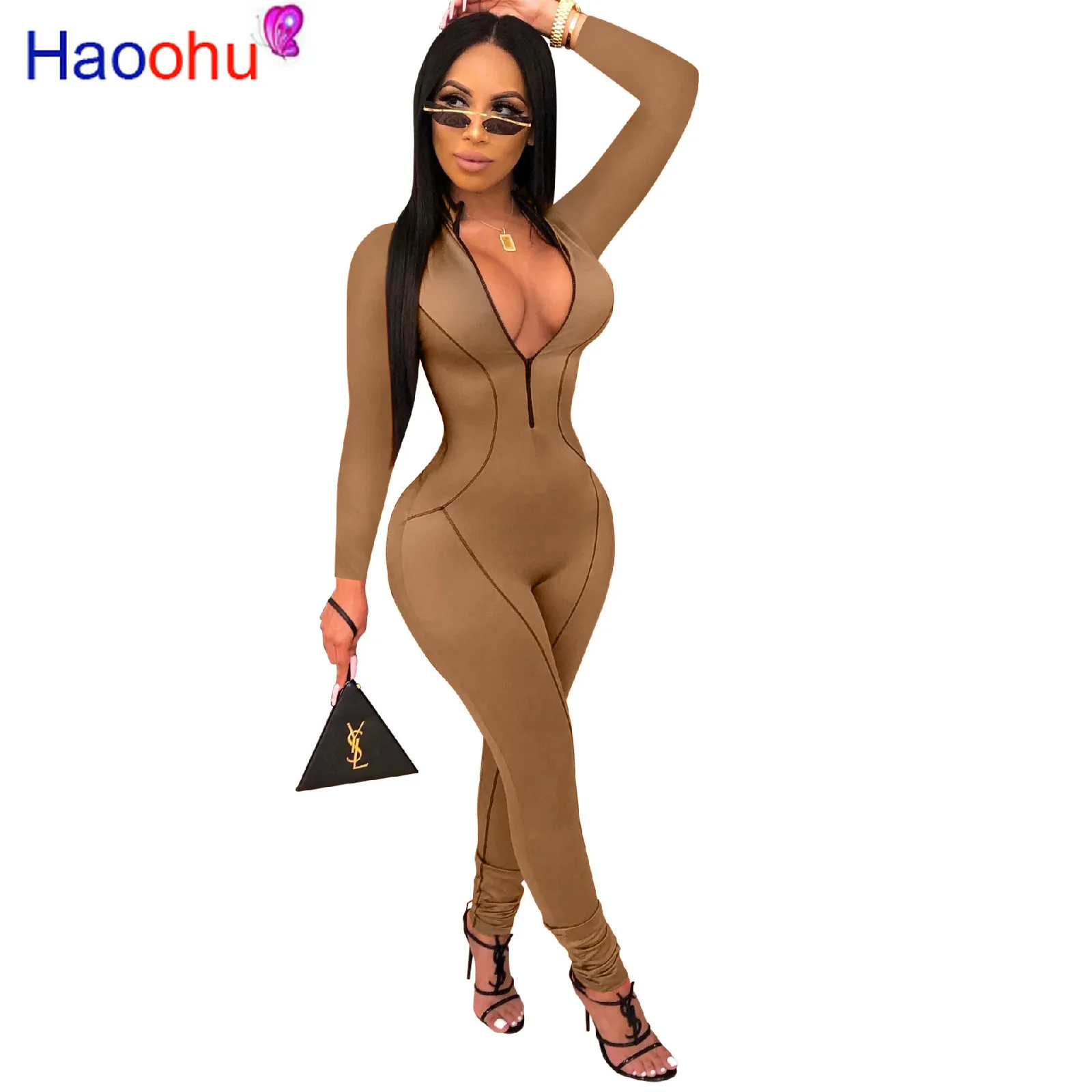 Zipper Up Sexy One Piece Bodysuit Women Deep V Neck Long Sleeve Bandage Jumpsuit Plus Size Solid Full Length Party Club Romper Zipper Up Sexy One Piece Bodysuit Women Deep V Neck Long Sleeve Bandage Jumpsuit Plus Size Solid Full Length Party Club Romper