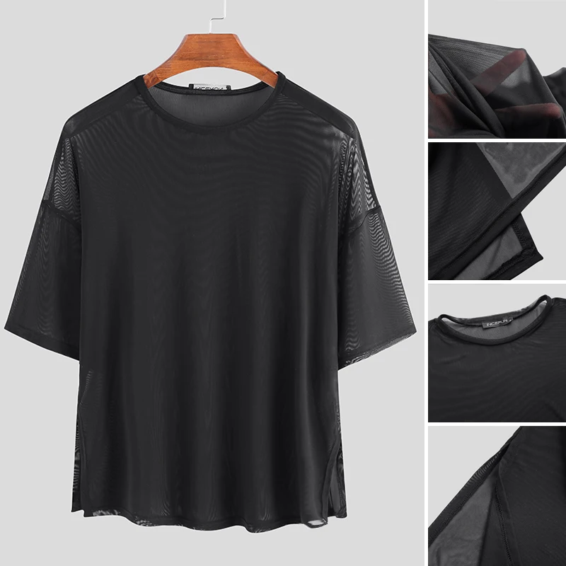

INCERUN Summer Man Mesh See-Through Sexy Oversize Tee Men Shirt Solid Color Punk Oversize Blouse Man Vintage Short Sleeve Shirts