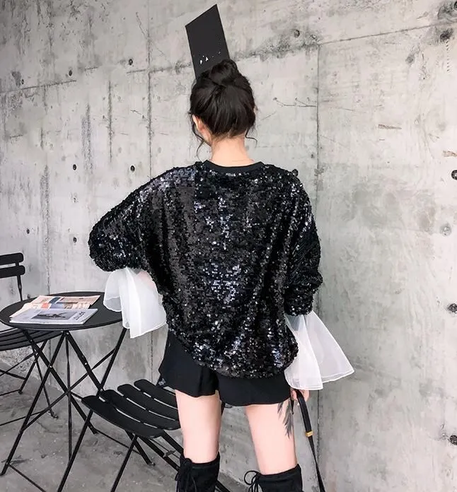 WHITNEY WANG Autumn Fashion Streetwear Colors Contrast Flare Sleeve Sequins Sweatshirt Women Hoodies Pullover