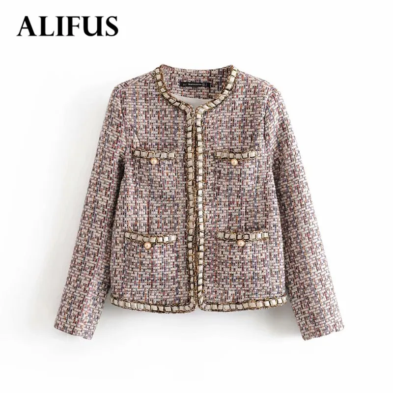 

Fashion Za Women Jackets Tweed Coat Long Sleeve O-neck Outwear Woman Fashion Weave Tassel Patchwork Jacket