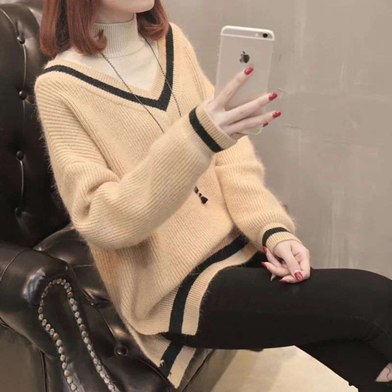 

2019 Suit-dress Sweater Long Sleeve Knitting Unlined Upper Garment Woman Easy Half Choker Student Sweater Woman Pullover