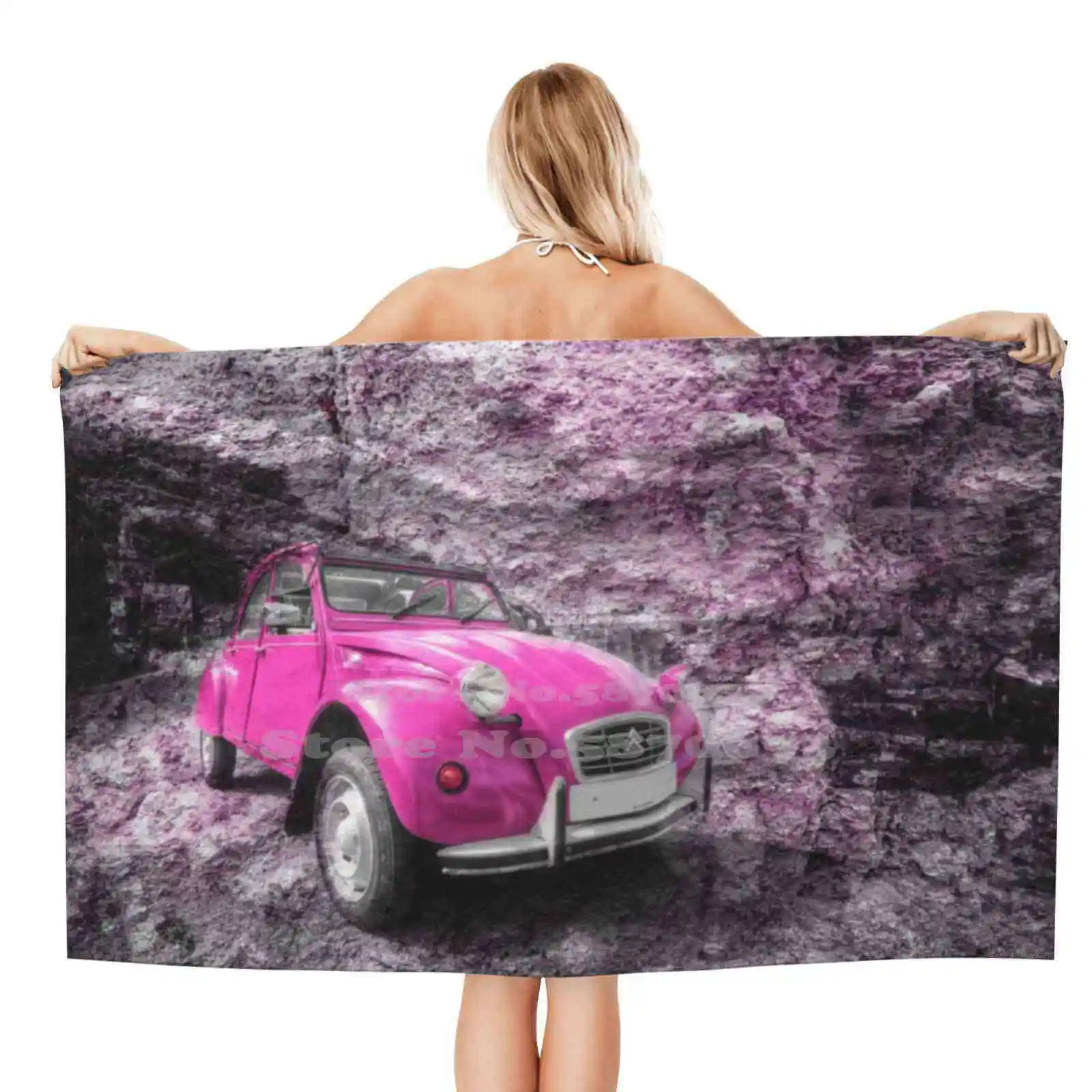 Asciugamano Con Stampa 3D Rosa 2Cv Asciugamano Morbido Sportivo 2Cv Rosa Auto Diana Porta Convertibile Gaverne Cornovaglia Cornish Beach Selective