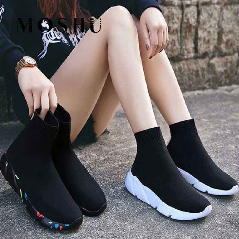 Socks Shoes Black Sneaker Female Trainers Women Slip-On Stretch Knit