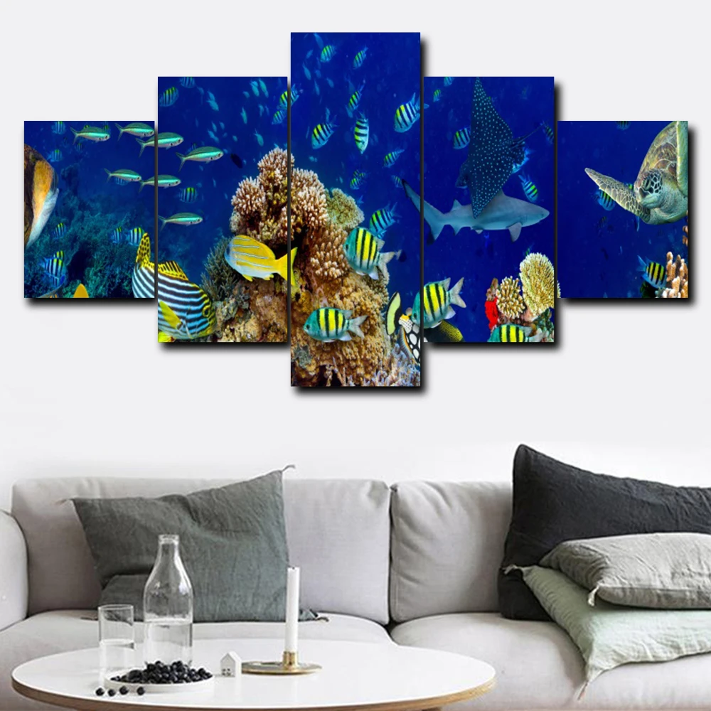 

Laeacco 5 Panel Underwater World Fish Posters and Prints Nordic Art Canvas Painting For Living Room Kids Room Decor Wallpaper