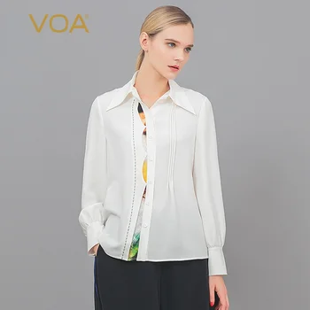 

VOA Moon White 34mm Heavy Lapel Jacquard Collage Light Green Arch Needle Solid Fold Single-breasted Silk Shirt B9268