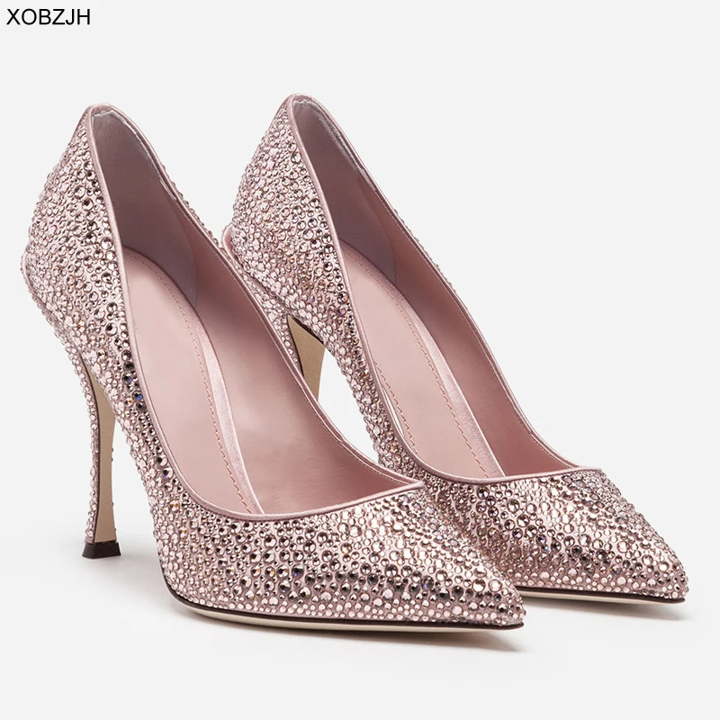 Итальянские Свадебные розовые туфли; женские туфли-лодочки; коллекция года; Роскошные брендовые дизайнерские туфли на высоком каблуке; женские вечерние туфли со стразами; женская обувь размера плюс 43