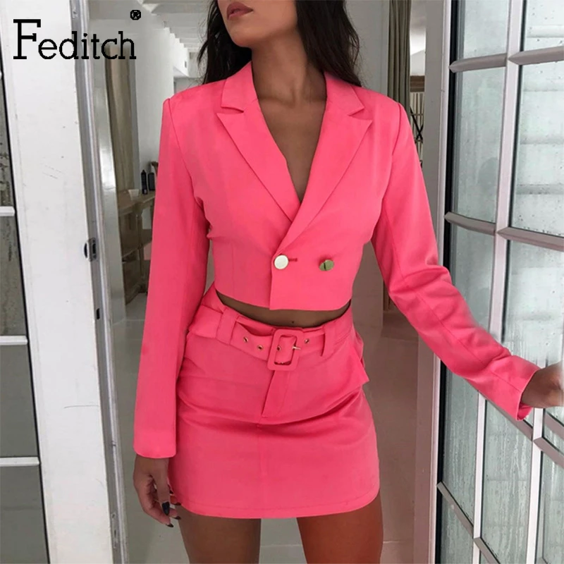 

Feditch 2019 Autumn Sexy Women Two Piece Set V Neck Button Sashes Crop Top And Mini Skirt Women Set Solid Office Lady Female Set
