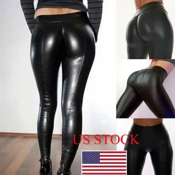 

Fashion In 2019 Women's Casual Black Solid Wet Look Leather Skinny Moto PU High Waist Legging Clubwear Slim Pants US