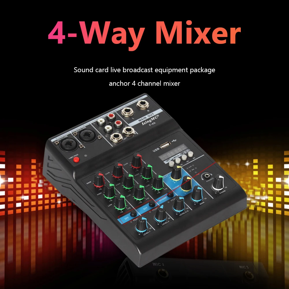 F-4A Professional Wireless 4-channel Audio Mixer Portable Bluetooth-compatible USB Sound Mixing Console Input Phantom Power