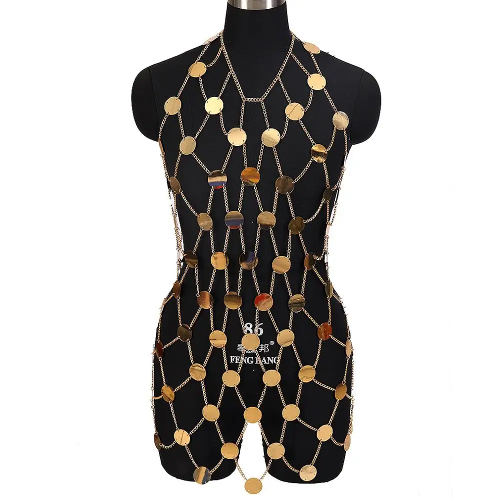 

Sexy Full Dress Sequins Colorful Metal Caged Body Chain Harness Top Fashion Bikini Beach Boho Hollow Out Skirt Women Plus Size