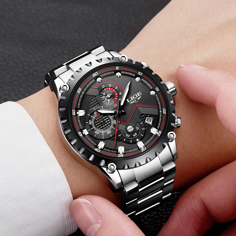 2021 LIGE Fashion Mens Watches Top Luxury Brand Silver Stainless Steel 30m Waterproof Quartz Watch Men Army Military Chronograph