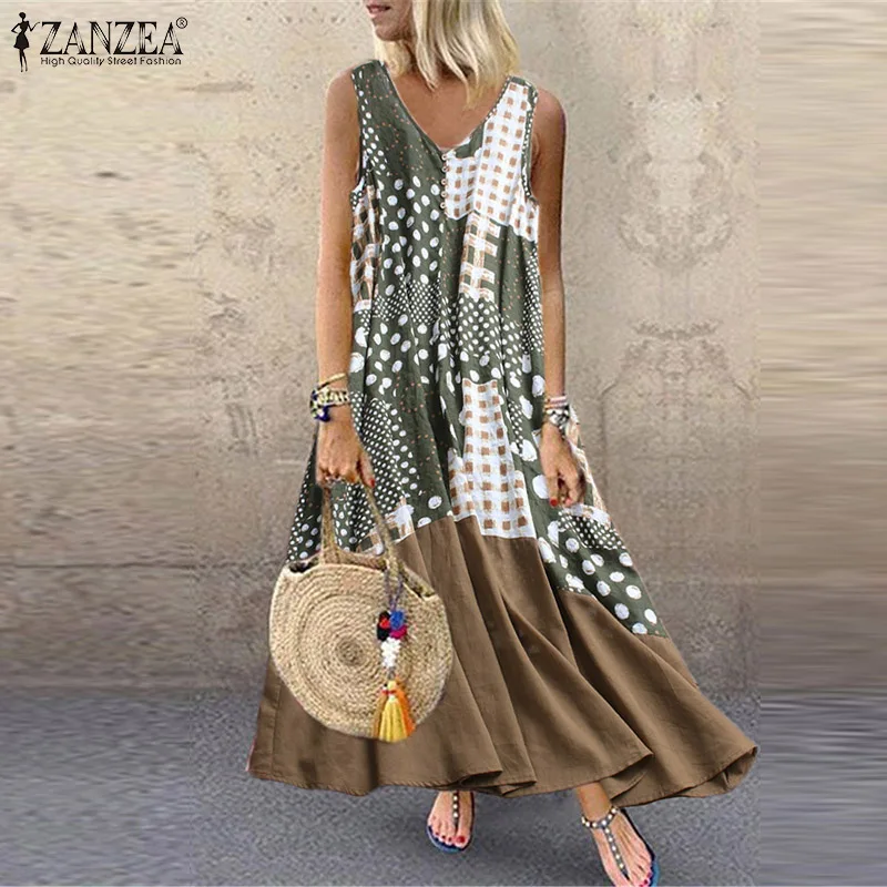 

ZANZEA Women Maxi Long Dress 2019 Summer Bohemian Vestidos Female Sleeveless Pockets Patchwork Printed Party Sundress Plus Size