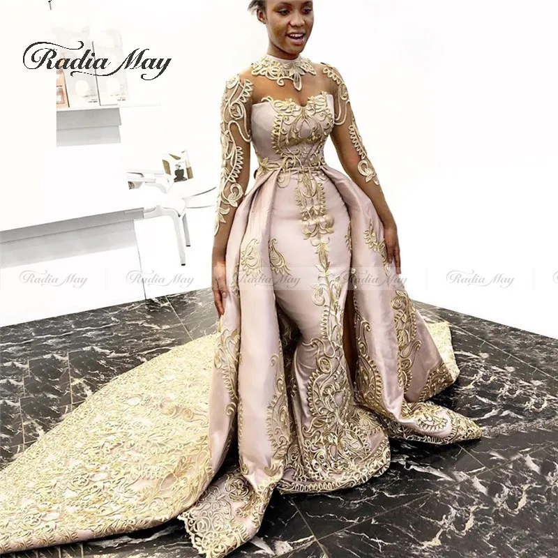 African Gold Lace High Neck Evening Dress Long Sleeve Mermaid Prom Gowns 2020 Sheer Plus Size Party Robe De Soiree | Свадьбы и