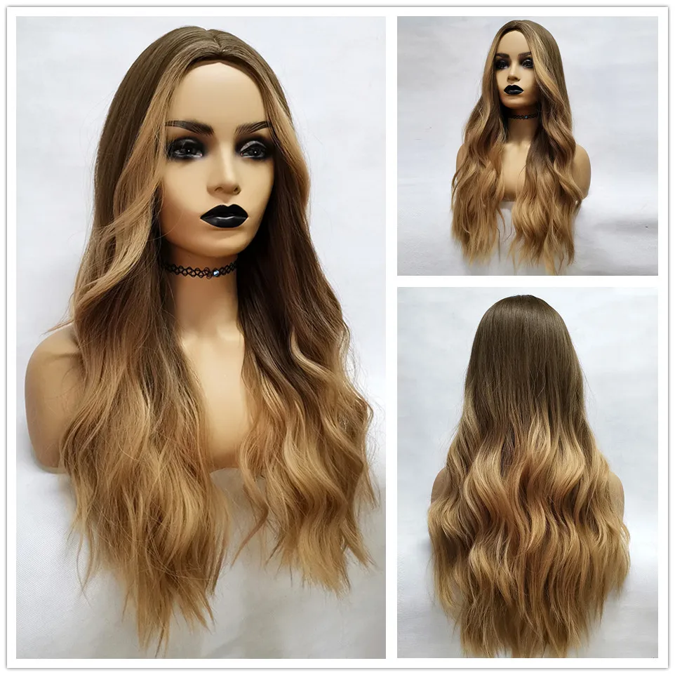 

EASIHAIR Long Brown Ombre Highlights Synthetic Wigs High Density Temperature Wave Wigs for Women Afro Glueless Wavy Cosplay