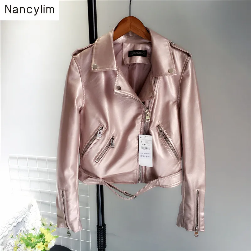 

Women Metal Bright Leather Jacket Locomotive Leather Short Jacket Lady Slim Leather Jackets Spring Autumn Faux Leather Coat