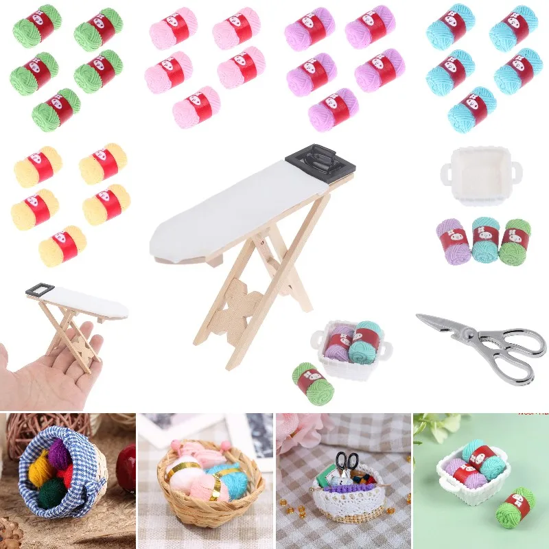 1:12 Dollhouse Miniature Wool Yarn Ball Needle Balls Wool Knitting Tool Basket Ironing Board Scene Set Dollhouse Home Decor