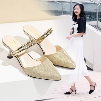 

Cover Toe Female Shoes Ladies' Slippers Women Heels Med Shallow 2020 High Pointed Soft Thin Rubber Slides Scandals PU Pointed