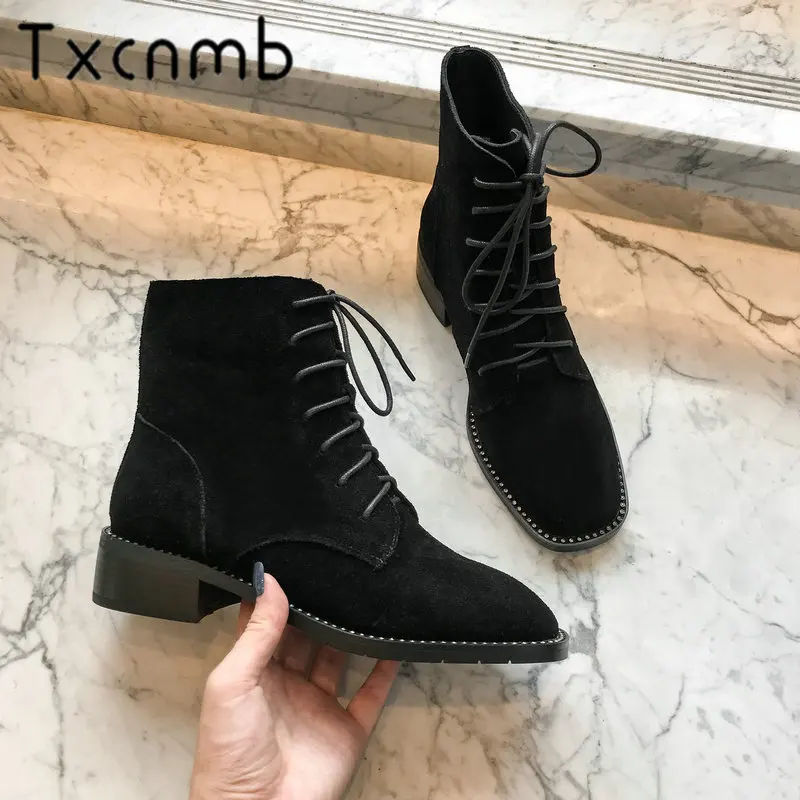 

TXCNMB New boots Women Ankle Boots Cow Leather Round Toe Lace Up Short Boots Warm Winter Zipper Party Low Heels Shoes Woman