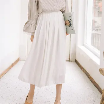 

HziriP Preppy Style White Pleated Solid Large Size 2020 Women All-Match Elastic-Waist Brief Chic High Waist Vintage Long Skirts