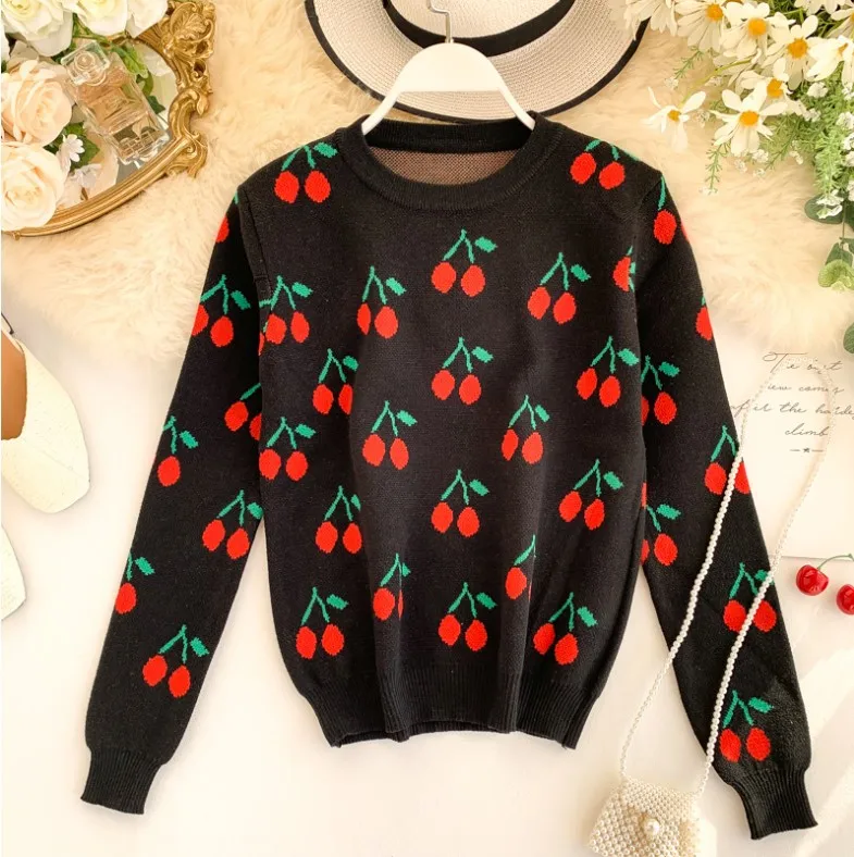 

Autumn 2020 new Korean version lovely cherry embroidery long sleeve versatile Crew Neck Sweater loose Pullover for women